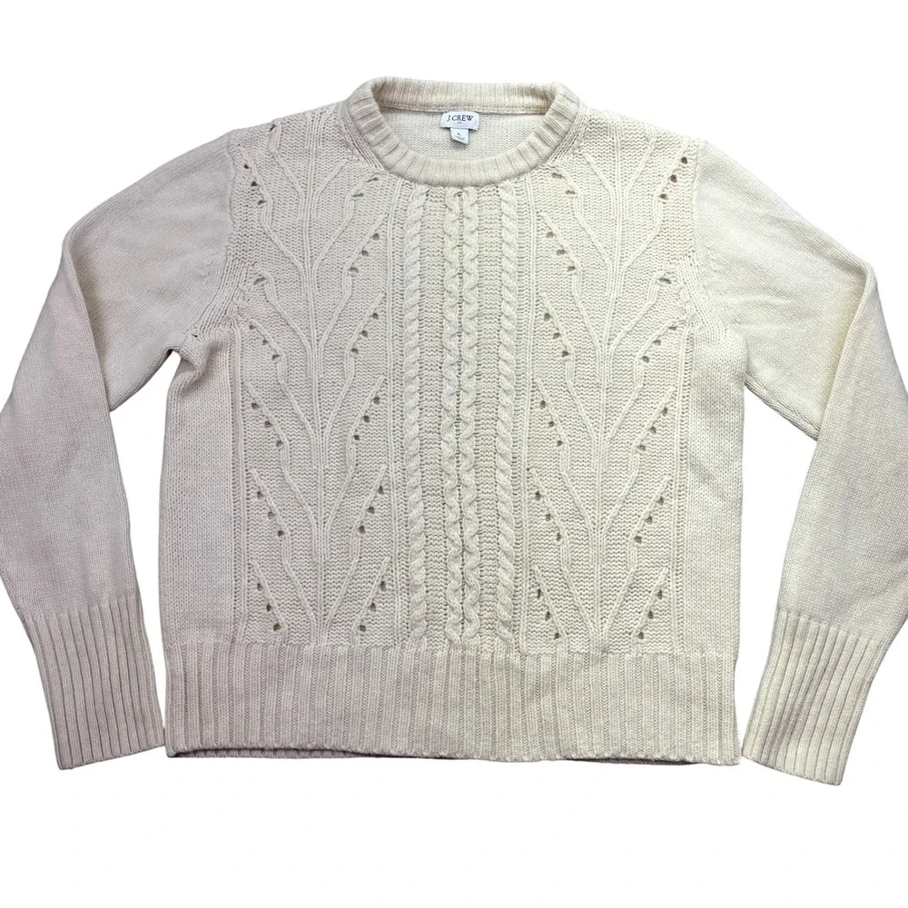 J.Crew Cable Knit Sweater Pullover Tree Design Cream Color Lambs Wool Blend Sz L